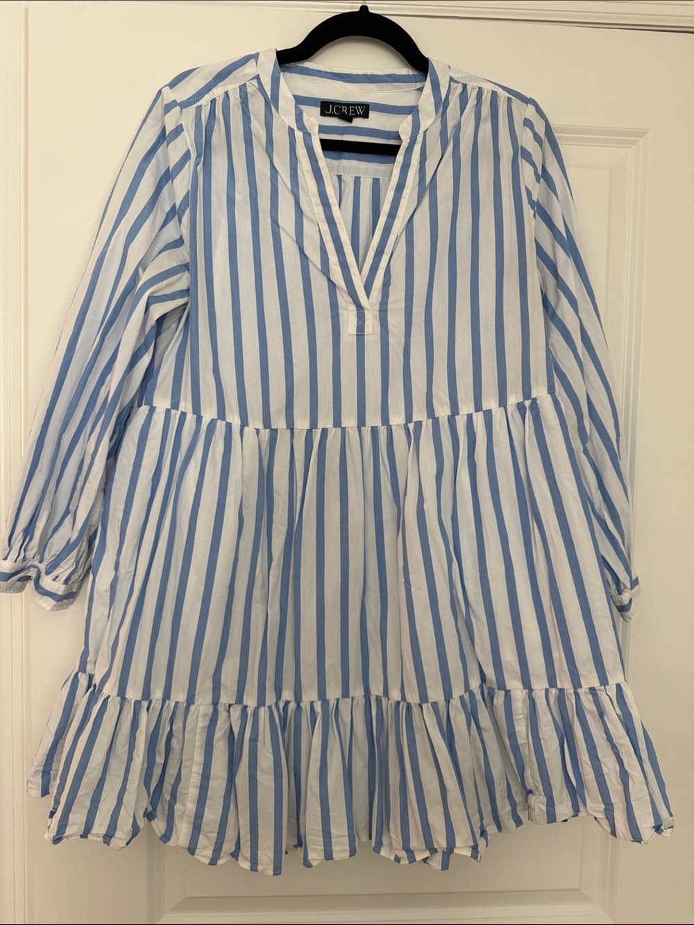J. Crew Light Blue and White Striped Tiered Dress